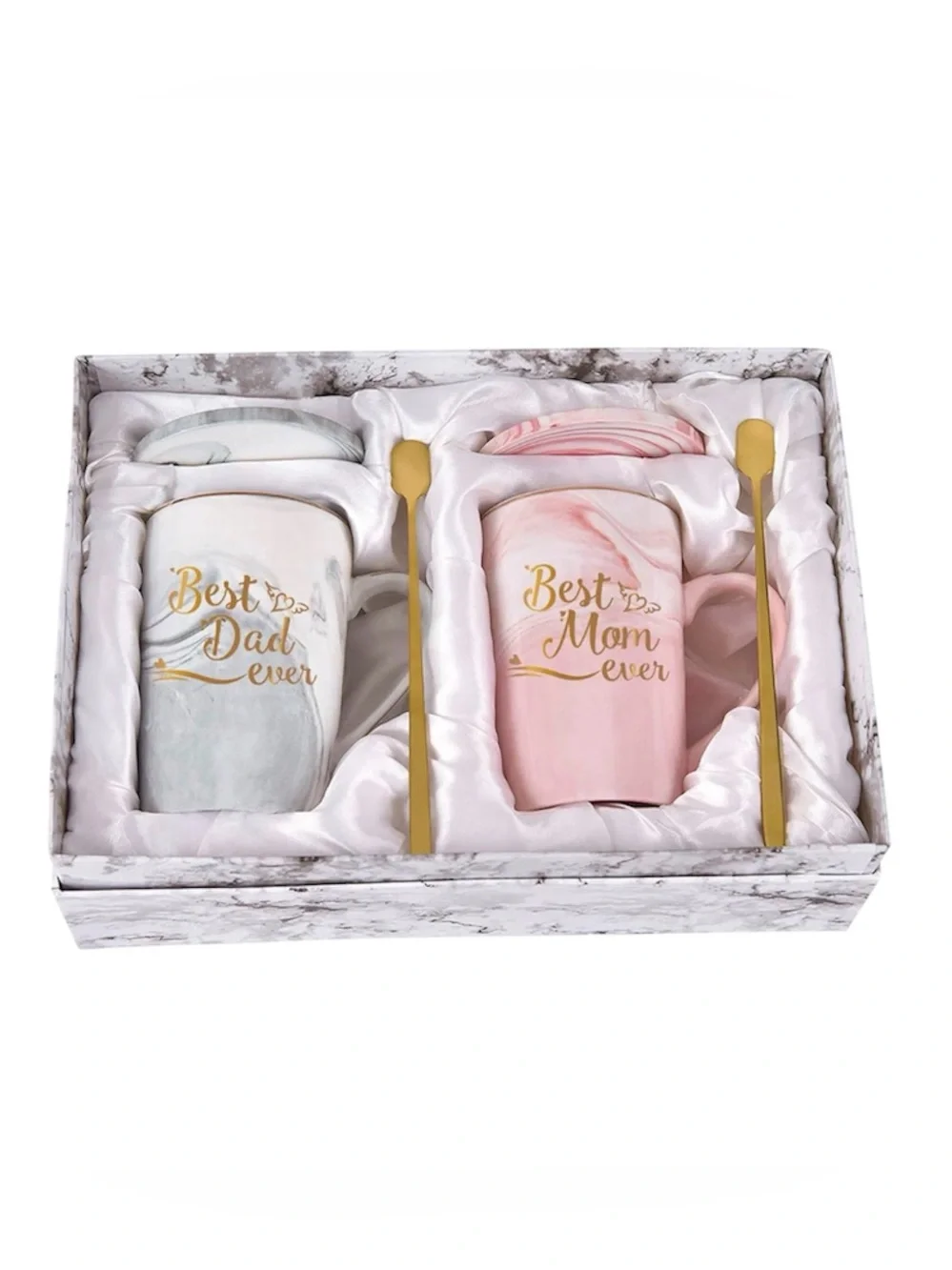 Best Mom Ever & Best Dad Ever Marble Mug Gift Set - Pink and Gray NIP